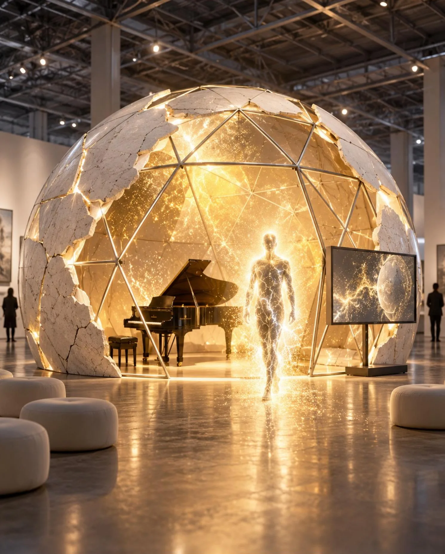 Ecology of Attention project visualisation: luminous geodesic installation with piano, responsive screen and human figure.